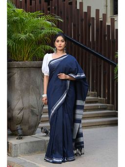 Beatitude - Navy Blue Cotton Handloom Saree with Unstitched Blouse