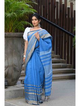 Beatitude - Blue Cotton Handloom Saree with Unstitched Blouse
