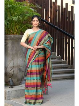 Beatitude - Multi-Color Cotton Stripes Golden Zari Saree with Unstitched Blouse
