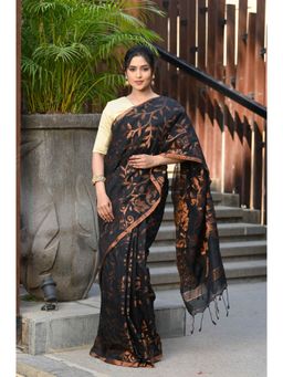 Beatitude - Black Cotton Floral Jamdani Saree with Unstitched Blouse