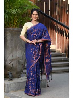 Beatitude - Blue Cotton Floral Jamdani Saree with Unstitched Blouse