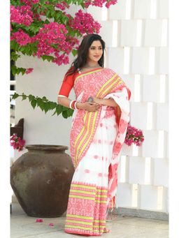 Beatitude - White Cotton Handloom Jamdani Saree with Unstitched Blouse