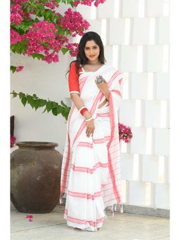 Beatitude - White Cotton Handloom Saree with Unstitched Blouse