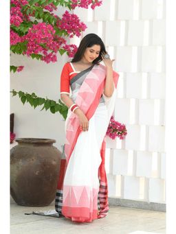 Beatitude - White Temple Border Cotton Saree with Unstitched Blouse