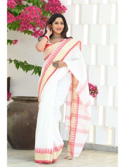 Beatitude - White Cotton Tangail Saree with Unstitched Blouse