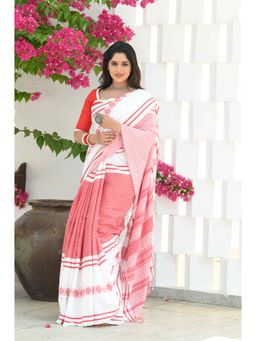 Beatitude - White Cotton Tangail Handloom Saree with Unstitched Blouse