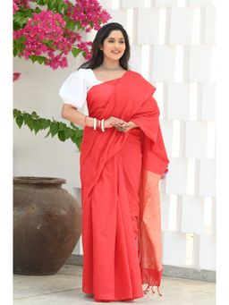 Beatitude - Red Cotton Ghicha Pallu Saree with Unstitched Blouse