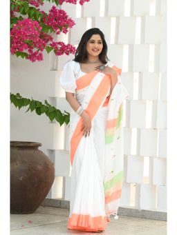 Beatitude - White Cotton Handloom Saree with Unstitched Blouse