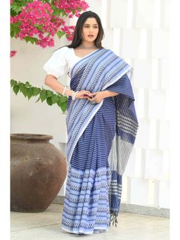 Beatitude - Blue Cotton Tanchori Handloom Saree with Unstitched Blouse