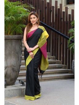 Beatitude - Black Cotton Handloom Saree with Unstitched Blouse