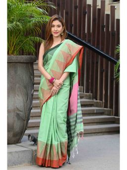 Beatitude - Green Cotton Temple Border Handloom Saree with Unstitched Blouse