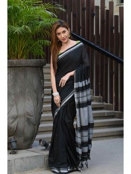Beatitude - Black Cotton Handloom Saree with Unstitched Blouse