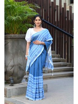 Beatitude - Blue Cotton Tanchori Handloom Saree with Unstitched Blouse