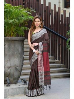 Beatitude - Brown Cotton Jacquard Border Tangail Handloom Saree with Unstitched Blouse