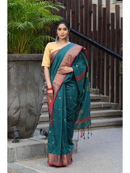 Beatitude - Teal Cotton Banarasi Saree with Unstitched Blouse
