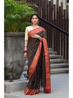 Beatitude - Brown Cotton Banarasi Saree with Unstitched Blouse