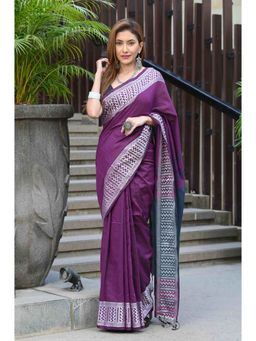Beatitude - Purple Cotton Jacquard Border Tangail Handloom Saree with Unstitched Blouse