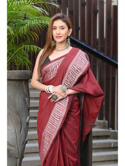 Beatitude - Maroon Cotton Jacquard Border Tangail Handloom Saree with Unstitched Blouse