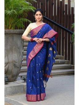 Beatitude - Blue Cotton Banarasi Saree with Unstitched Blouse