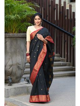 Beatitude - Black Cotton Banarasi Saree with Unstitched Blouse