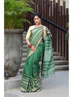 Beatitude - Green Cotton Stripes Border Handloom Saree with Unstitched Blouse