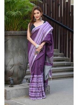 Beatitude - Purple Cotton Jacquard Border Tangail Handloom Saree with Unstitched Blouse