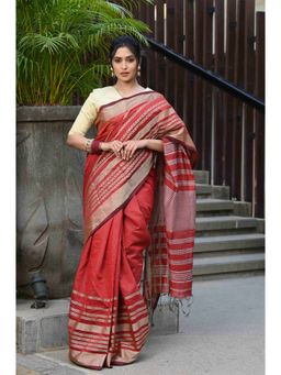Beatitude - Red Cotton Stripes Border Handloom Saree with Unstitched Blouse