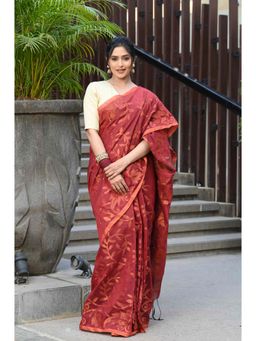 Beatitude - Red Cotton Floral Jamdani Saree with Unstitched Blouse