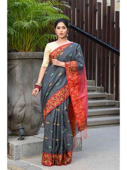 Beatitude - Grey Slub Cotton Floral Jamdani Saree with Unstitched Blouse