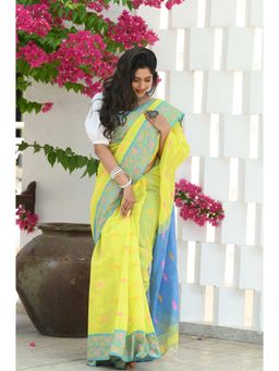 Beatitude - Yellow Slub Cotton Floral Jamdani Saree with Unstitched Blouse
