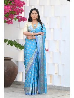 Beatitude - Blue Jacquard Print Saree with Unstitched Blouse