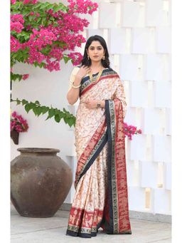Beatitude - Off White Jacquard Print Saree with Unstitched Blouse