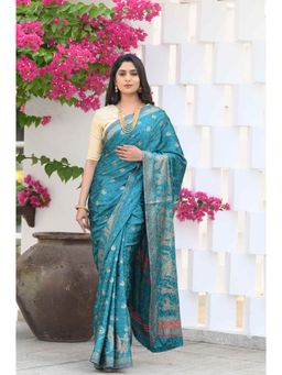 Beatitude - Turquoise Jacquard Print Saree with Unstitched Blouse