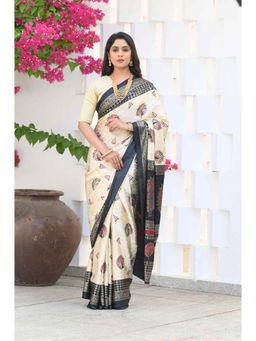 Beatitude - Off White Jacquard Print Saree with Unstitched Blouse