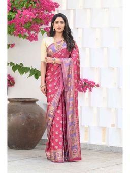Beatitude - Pink Jacquard Print Saree with Unstitched Blouse