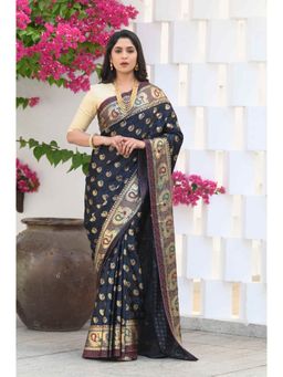 Beatitude - Black Jacquard Print Saree with Unstitched Blouse