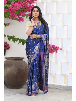 Beatitude - Blue Jacquard Print Saree with Unstitched Blouse
