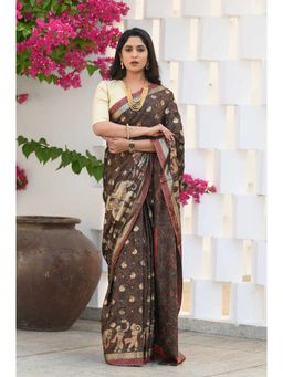 Beatitude - Brown Jacquard Print Saree with Unstitched Blouse