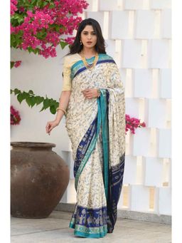 Beatitude - Off White Jacquard Print Saree with Unstitched Blouse