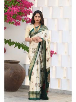 Beatitude - Off White Jacquard Print Saree with Unstitched Blouse