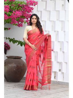 Beatitude - Red Chanderi Cotton Woven Saree with Unstitched Blouse