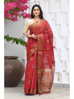 Beatitude - Red Chanderi Cotton Woven Saree with Unstitched Blouse