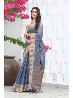 Beatitude - Grey Chanderi Cotton Woven Saree with Unstitched Blouse