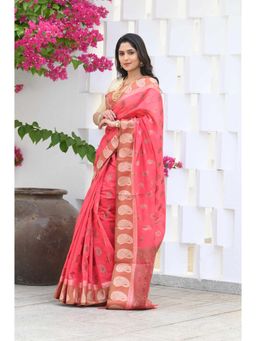 Beatitude - Peach Chanderi Cotton Woven Saree with Unstitched Blouse