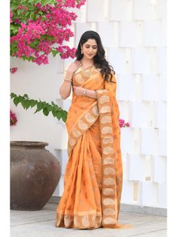Beatitude - Orange Chanderi Cotton Woven Saree with Unstitched Blouse