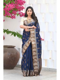 Beatitude - Navy Blue Chanderi Cotton Woven Saree with Unstitched Blouse