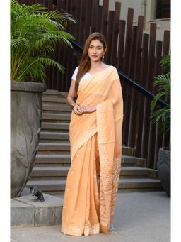 Beatitude - Orange Cotton Jamdani Saree with Unstitched Blouse