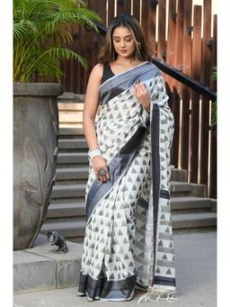 Beatitude - White & Grey Cotton Saree with Unstitched Blouse