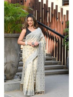 Beatitude - Beige & Grey Cotton Jamdani Saree with Unstitched Blouse