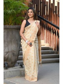 Beatitude - Beige & Mustard Cotton Jamdani Saree with Unstitched Blouse